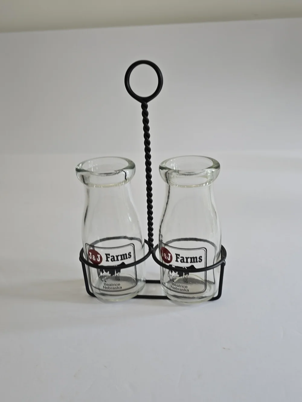 Vintage J&J Farms Set Of 2 Milk Glass Bottle Set With Metal Caddy Beatrice NE